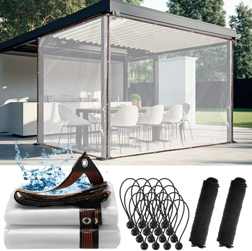 Windyun 2 Pack Heavy Duty Clear Tarps with Reinforced Edge Plastic Tarp Waterproof Plastic Cover Greenhouse Patio with Elastic Rope and Nylon Rope for Garden Furniture (10 x 12 ft)