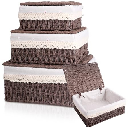 KiKiHong 3 Pcs Cesta con Tapa Ecológico Bohemia Trenzadas Marrón
