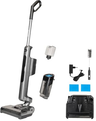 Genius Invictus WD5 Aspirateur eau et poussière sans fil 14 pièces avec fonction auto-nettoyage et 2 modes humides, nettoyeur de sols durs sans fil avec design double réservoir, autonomie de la