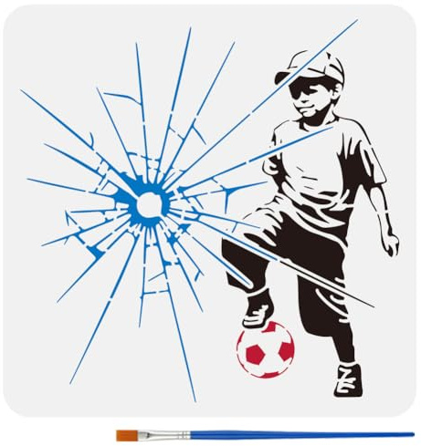 FINGERINSPIRE Pojkschabloner med en pensel 30 x 30 cm återanvändbara pojke spelar fotboll schabloner PET bryta fönster dekoration schablon bansyteman mall för målning på trävägg golvmöbler