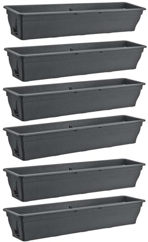 6X Balkonkasten 100cm Blumenkasten mit Wasserspeicher anthrazit, 25 L - Blumenkästen wetterfest Pflanzkasten mit Einsatz Lange Balkonkästen für Garten und Balkon witterungsbeständig, Anthrazit/Grau