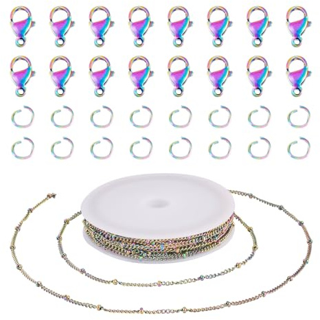 FASHEWELRY 5 M 304 rostfritt stål satellitkedjor vridna länkar pärlkedja med spännen hoppringar regnbågsfärg för gör-det-själv smyckestillverkning kit armband halsband