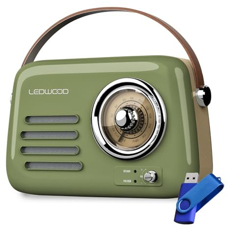 Radio Rétro Portable Ledwood Alma, FM, Bluetooth Entrée USB, Puissance 30W 1500mAh - Retro Vintage - Vert Olive+Clé 32G