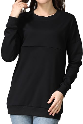 FEOYA Camiseta de lactancia de manga larga para mujer, cómoda cremallera, jersey de lactancia, algodón, camiseta de lactancia, manga larga, ropa de lactancia, Negro , M