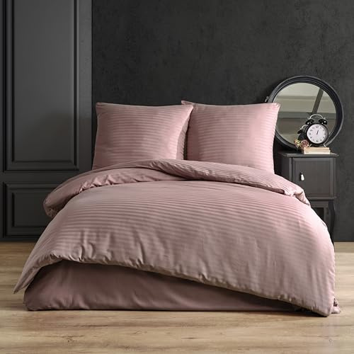 nordqueen Satin gestreift Bettwäsche,100% Baumwolle Bettbezug aus Atmungsaktive Winter Bettwäsche Set (Rose, 135X200 cm)