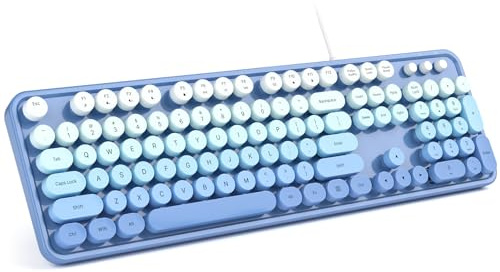 MOWUX Datortangentbord med sladd, Plug and Play USB retro runt skrivmaskinstangentbord, kabelanslutet tangentbord i full storlek med hopfällbara stativ för bärbar dator och kontor, PC- blå gradient