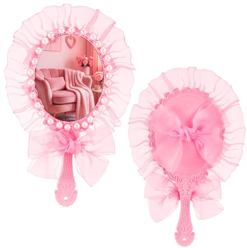 Fumete Pink Bow Handheld Mirror with Pearl Cute Ruffle Makeup Princess Pink Coquettish Preppy Room Decor Portable Decorative Vintage Princess Mirror Gift for Girls & Women