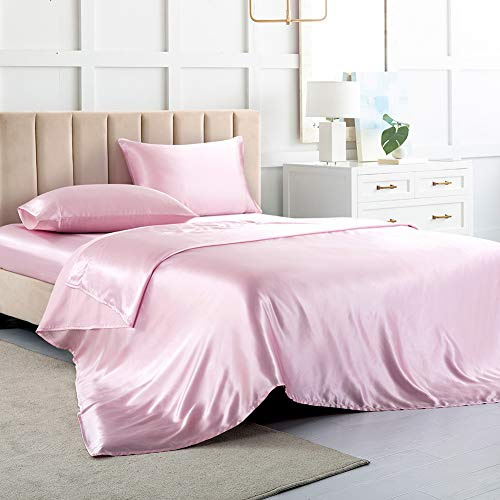 Satinlakan tvillinglakan, rosa silkeslakan, 3 delar mjuka sängkläder, set med 1 djup fickanpassat lakan, 1 lakan, 1 örngott