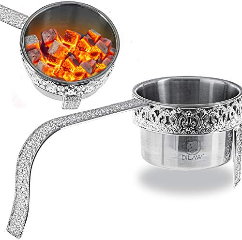 DILAW® Cesta para carbón de shisha Oriental plana de acero inoxidable para shisha carbón y barbacoa, cesta para carbón vegetal con mango de seguridad, color plateado