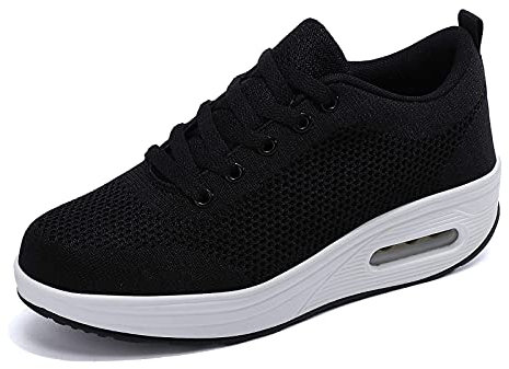 Laufschuhe Damen Plateau Turnschuhe Leicht Walkingschuhe Keilabsatz Freizeitschuhe Frauen Fitnessschuhe Atmungsaktiv Sportschuhe Bequeme Sneaker Schwarz D 38EU