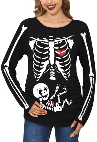 For G and PL - Disfraz de Halloween para mujer embarazada, esqueleto de calabaza, camiseta de maternidad de manga larga con cuello redondo S-XXL, M