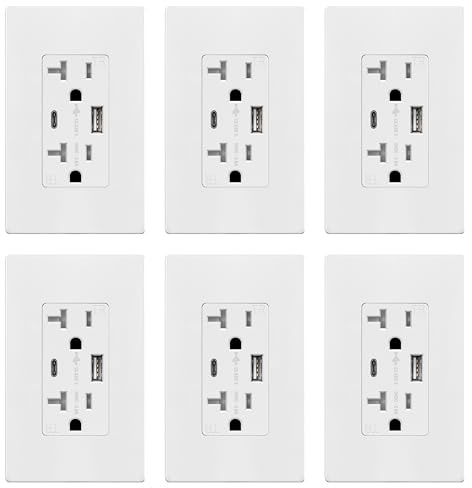 TOPGREENER USB Outlet, Type C & Type A USB Wall Outlet, 20 Amp Tamper-Resistant Receptacle, Charging Power Outlet with USB Ports, Wall Plate Included, UL Listed, TU22036AC-W-6PCS, White, 6 Pack