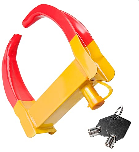 WeeGoo Wheel Clamp Heavy Duty Wheels Lock, Security Anti Theft Wheel Clamp Lock, Tyre Locks with 2 Keys, Car Wheels Clamp for Caravan, Trailer, Vans, Motorhome (Yellow/Red)