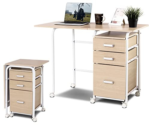 CASART 2-In-1 Folding Computer Desk, Mobile PC Laptop Table with Open Shelves/3 Drawers, Home Office Writing Desk Computer Workstation (Oak, 105 x 50 x 75cm)