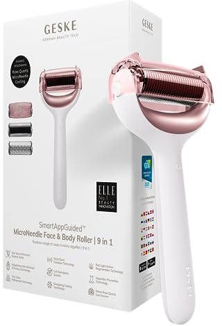 GESKE | SmartAppGuided™ MicroNeedle Face & Body Roller | 9 in 1 | Derma Roller | mit Rosenquartz- & Kühlaufsatz | Elektrisches Microneedling-Gerät | Nadelroller | Beauty Roller für Gesicht und Körper