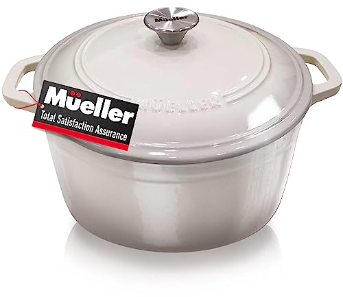 Mueller - Horno holandés de hierro fundido esmaltado de 6 cuartos de galón, cacerola resistente y sartén con tapa y perilla, apto para horno hasta 260.0 °C y en todas las cocinas, color blanco