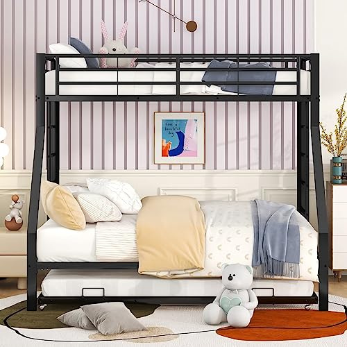 Dolamaní lit Superposé Extensible pour Enfants 90 (140) x 200 cm, Cadre de Lit en Métal, lit Superposé 3 en 1, Double Face avec échelle, Facile à Assembler, Noir