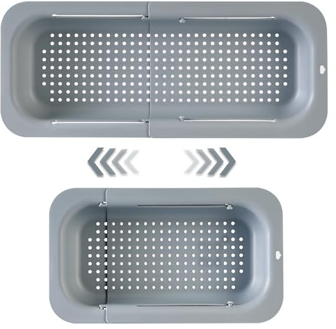 YUNKWONG Extendable Sink Colander Strainer Basket - Wash Vegetables and Fruits, Drain Cooked Pasta and Dry Dishes - Adjustable Over the Sink Colander Collapsible Drainer Basket -Gray