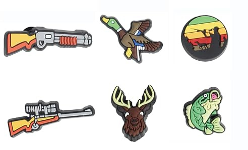 Adoshine Hunting Shoes Charms Set Animal Gun Deer Duck Fishing Dad Shoe Charm Set PVC Shoe Decoration, No Gemstone