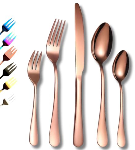 Cutlery Set in Rose Gold Colour, 30-Piece Set Service for 6, Premium Mirror Finish Tableware, Stainless Steel Flatware Serving Set, Dishwasher Safe, Forks, Knives, Soup & Dessert Spoons