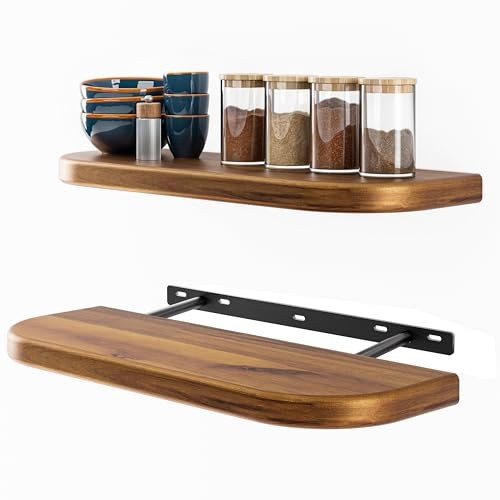 BATODA 17 Acacia Wood Floating Shelves Wall Mounted (Round Edge) – Rustic Farmhouse Wooden Wall Storage Shelf for Bedroom, Kitchen - Brackets and Shelving Hardware Included (Acacia Color)
