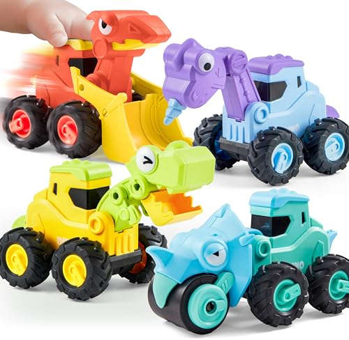 JOYIN 4 Stück Bagger Kinder Auto Spielzeug ab 3 4 5 Jahren, Aufziehauto, Sandkasten Sandspielzeug（Traktor, Bulldozer, Kipper, Zementmische） Dinosaurier-Spielzeug, Baby Bagger Spielzeugautos
