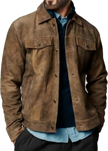 Alpha Suede Leather Jacket - Real Lambskin, Casual Trucker Coat for Men (US, Large, Regular, Khaki)
