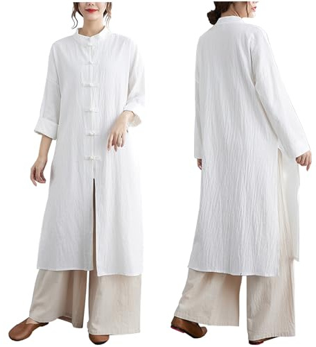 DAYKET Abbigliamento da Donna Tai Chi Uniforme da Meditazione Zen Abbigliamento Kung Fu In Cotone e Lino per Esercizi Mattutini,White-L