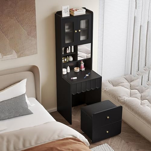 Moderno juego de tocador negro con silla de escritorio con espejo para dormitorio, espacioso armario de cristal, cajón de almacenamiento, taburete de maquillaje oculto para organización de maquillaje