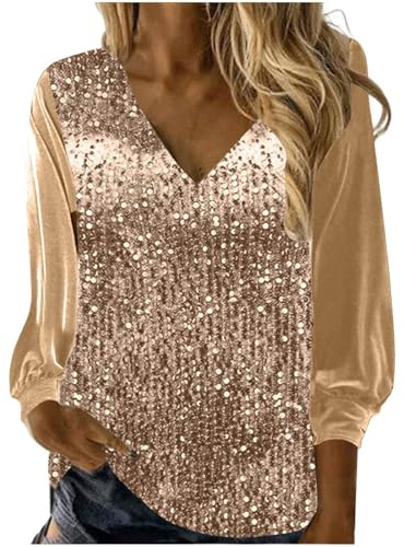 Haut à paillettes à col en V pour femme - Manches longues - Grande taille - Chemise scintillante pour les vacances, jaune, 3XL