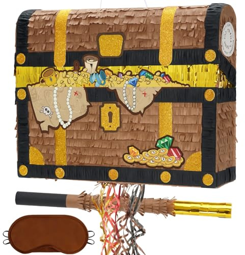 WERNNSAI Pinata coffre au trésor – Piñata anniversaire pirate pour enfants garçons avec bandeau pour les yeux bâton pirates aventure fête d'anniversaire chasse au trésor carnaval décoration