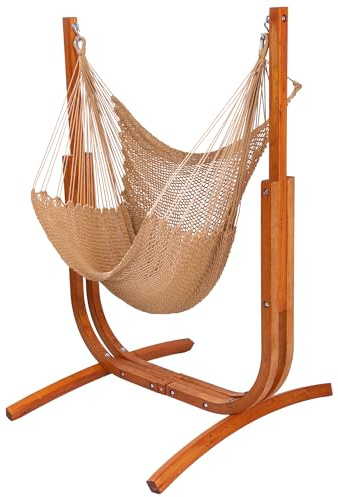 Saniwerke Jumbo Haven Lounger - Caribbean Rope Hammock Chair with Wooden Stand, Soft Tan Rope Color, 70x50 Inches, 400 lbs Capacity, Indoor Outdoor Use, Patio Garden Backyard Porch Relaxation