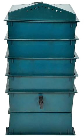 Composteur à vers 4 compartiments 42 x 42 x 60 cm | Avec picots pour engrais liquide, litière incluse, pour déchets de cuisine