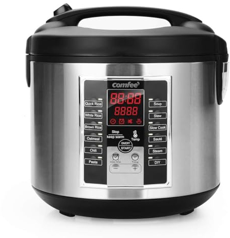 COMFEE' Rice Cooker, Slow Cooker, Steamer, Stewpot, Sauté All in One (12 Digital Cooking Programs) Multi Cooker (5.2Qt ) Large Capacity. 24 Hours Preset & Instant Keep Warm, Black/Silver (MB-M25)