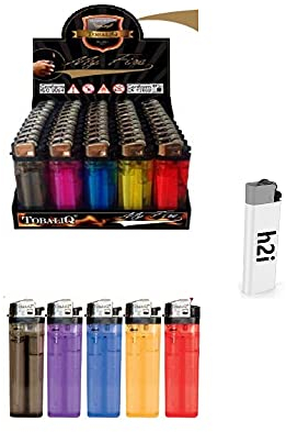 h2i Einwegfeuerzeuge 100 Stück, Bunt Mit Reibrad, 5 Farben im Kassendisplay, Einstellbare Flamme