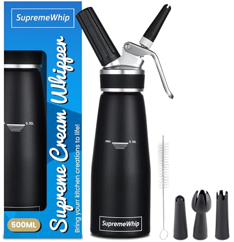 SupremeWhip PRO Cream Dispenser, Durable High-Grip, Metal Lid with Rubber, 3 Nozzles, for Hot/Cold Use, Cleaning Brush Included, Black - 500 ml / 1 Pint
