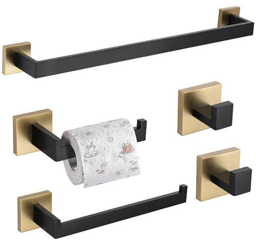 TURS Juego de Accesorios de baño de 5 Piezas Color Negro Mate y Dorado Cepillado Soporte para Toallas de Mano Soporte para Papel higiénico 2ganchos para Toallas Acero Inoxidable montado en la Pared