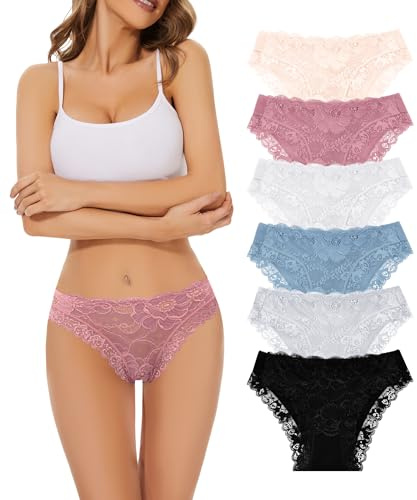POWER FLOWER 6-Pack Ladies Cotton Knickers – Lace Briefs, Comfortable Bikini Panties, Breathable and Stylish Everyday Underwear(L, 6566)