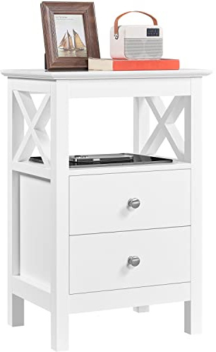 Yaheetech Bedside Table, Wooden Nightstand with 2 Storage Drawers and 1 Open Shelf, Sturdy Design for Bedroom Living Room, 30x40x60cm, White