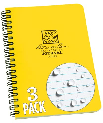 Rite in the Rain Weatherproof Side Spiral Notebook, 4.625 x 7, Yellow Cover, Journal Pattern, 3 Pack (No. 393L3)
