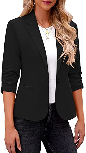 Roskiky Blazer élégant pour femme, veste à manches 3/4 d’affaires, look décontracté, costumes pour bureau, Noir , S
