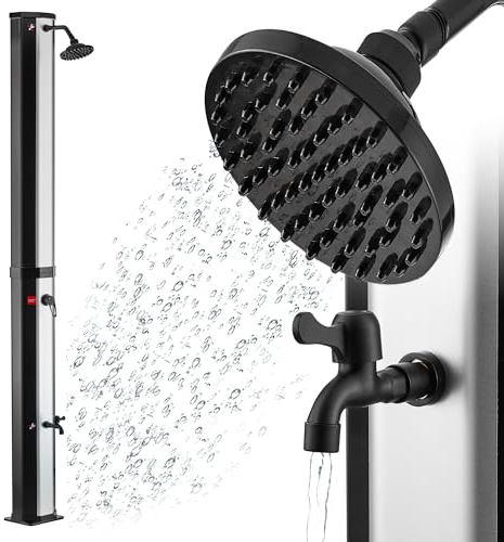 Zelsius Melton Douche solaire avec robinet, douche de pieds, noir, argent, douche de jardin 60 litres, froid et chaud, max. 60 °C, raccord de tuyau d'arrosage, douche de jardin, douche extérieure