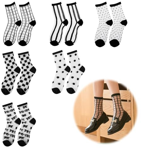 6 Paires Voir à Travers Chaussettes Plaid à Pois Rayé Plaid Pure Transparentes Chaussettes Fines en Filet Transparent Chaussettes Dentelle Femme Été Cheville Ruffle chaussette Basse Femme Mode Noir