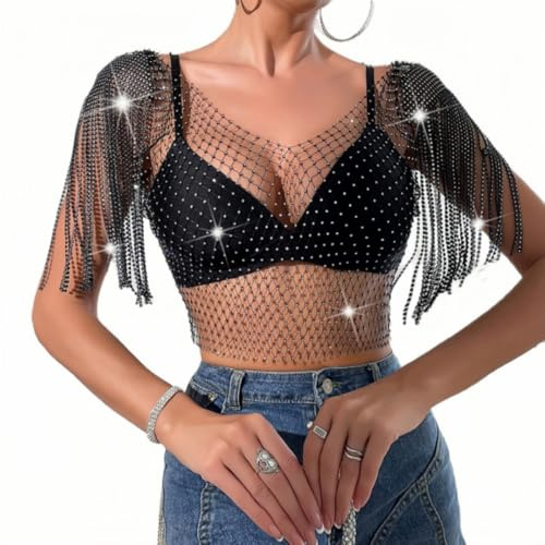 Tops di carri armati di diamanti da donna, Nero Sexy Mesh Nappel Wasel Hollow Out Crop Tops, Vedi attraverso il giubbotto scintillante di strass per il Festival Club Rave Outfit Abbigliamento da club
