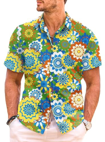 Meilicloth Hawaiihemd Herren Hippie Hemd Kurzarm Sommer 70er Jahre Hemden Blumen Floral Freizeithemd Kurz Party Disco Paisley Urlaub Strand Hawaii Shirt Faltenfrei Regular Fit A Grün L