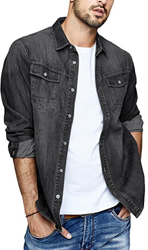 Runcati Herren Jeanshemd Langarm Denim Shirt Regular Fit Baumwolle Western Freizeithemd Leicht Übergangsjacke Schwarz XL