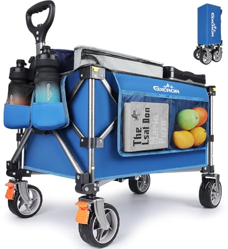 GXCROR Folding Trolley Cart 100L Heavy Duty Collapsible Wagon with 13cm diameter & 5cm Wide Wheels & Removable Wheels, Beach Utility Cart with Brakes & Side Pockets