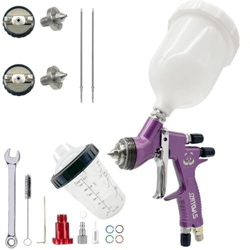 HVLP Air Spray Gun 1.3mm/1.8mm Nozzles Stainless Steel Nozzle and 400CC Mix Tank with Adapter Professional Gravity Feed Sprayer Automotive (Purple)