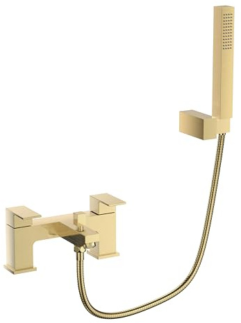 VeeBath Mist Bath Shower Mixer – Brushed Brass Finish with Square Showerhead, Dual Lever Control, G3/4 BSP Inlet, Deck Mounted Square Bathroom Taps Pair, Mixer Tap Shower Attachment