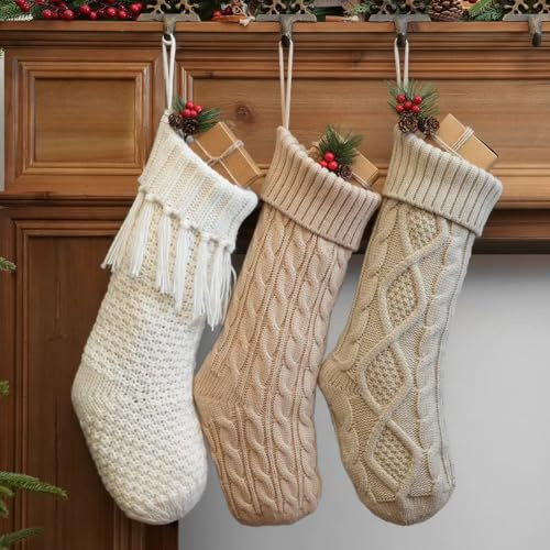 steo spce 3 Pack Neutral Farmhouse Christmas Stockings – Large 18” Rustic Boho Vintage Cable Knit Holiday Stockings in White Beige Apricot Tones for Fireplace Mantel Hanging Family Décor